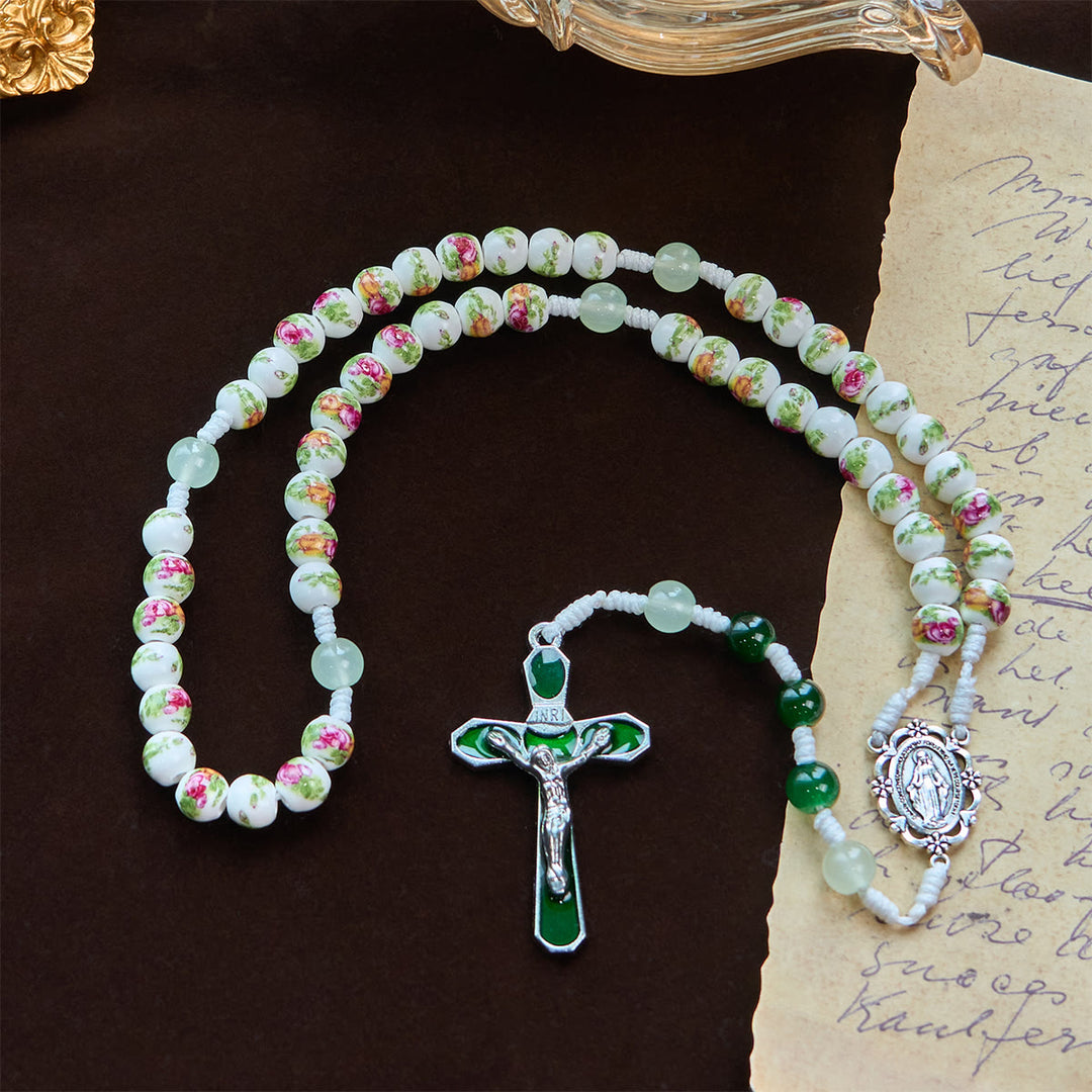 Christianartworkshop Handmade Floral Rose Beads Rosary with Miraculous Medal & Green Enamel Crucifix