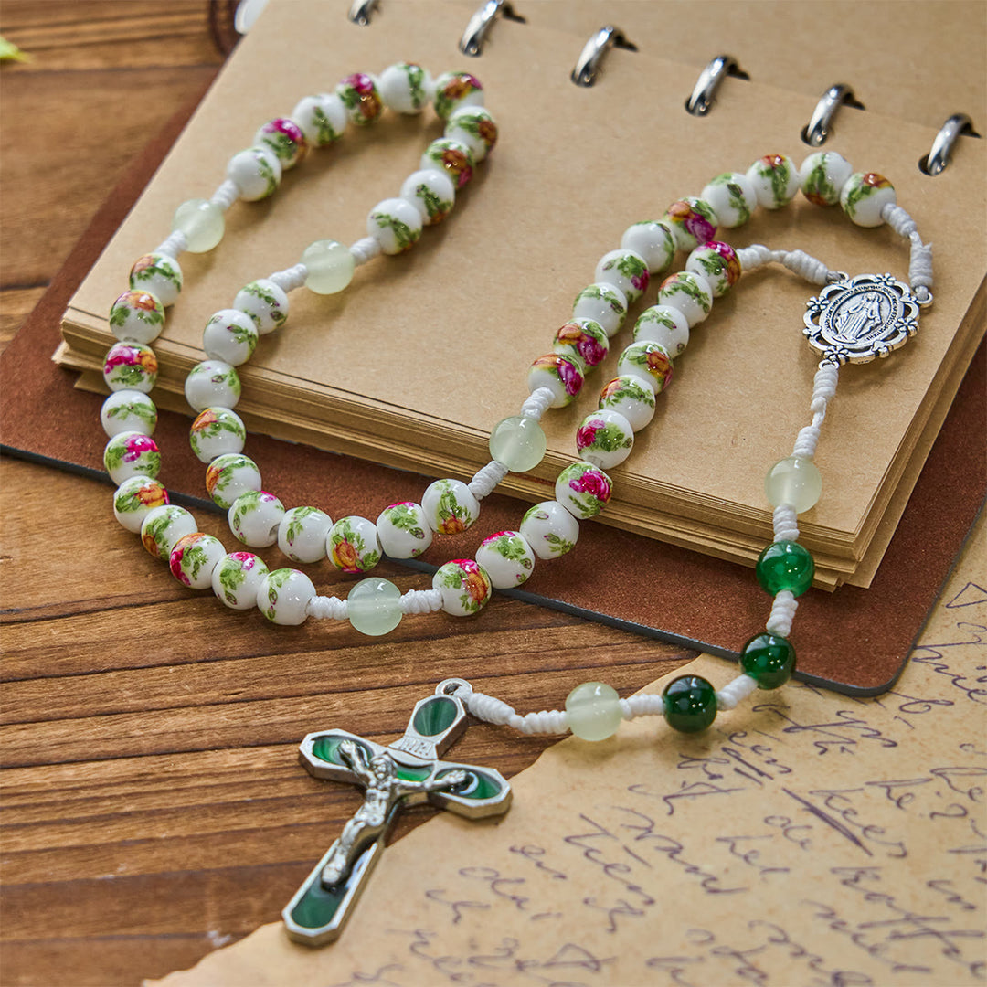 Christianartworkshop Handmade Floral Rose Beads Rosary with Miraculous Medal & Green Enamel Crucifix