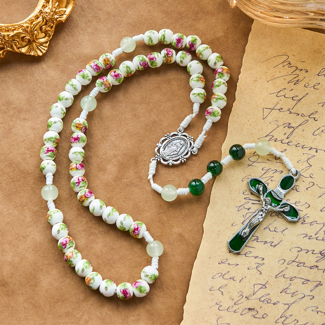 Christianartworkshop Handmade Floral Rose Beads Rosary with Miraculous Medal & Green Enamel Crucifix