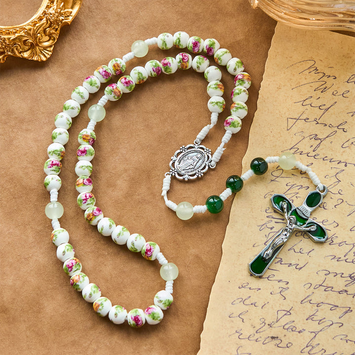 Christianartworkshop Handmade Floral Rose Beads Rosary with Miraculous Medal & Green Enamel Crucifix