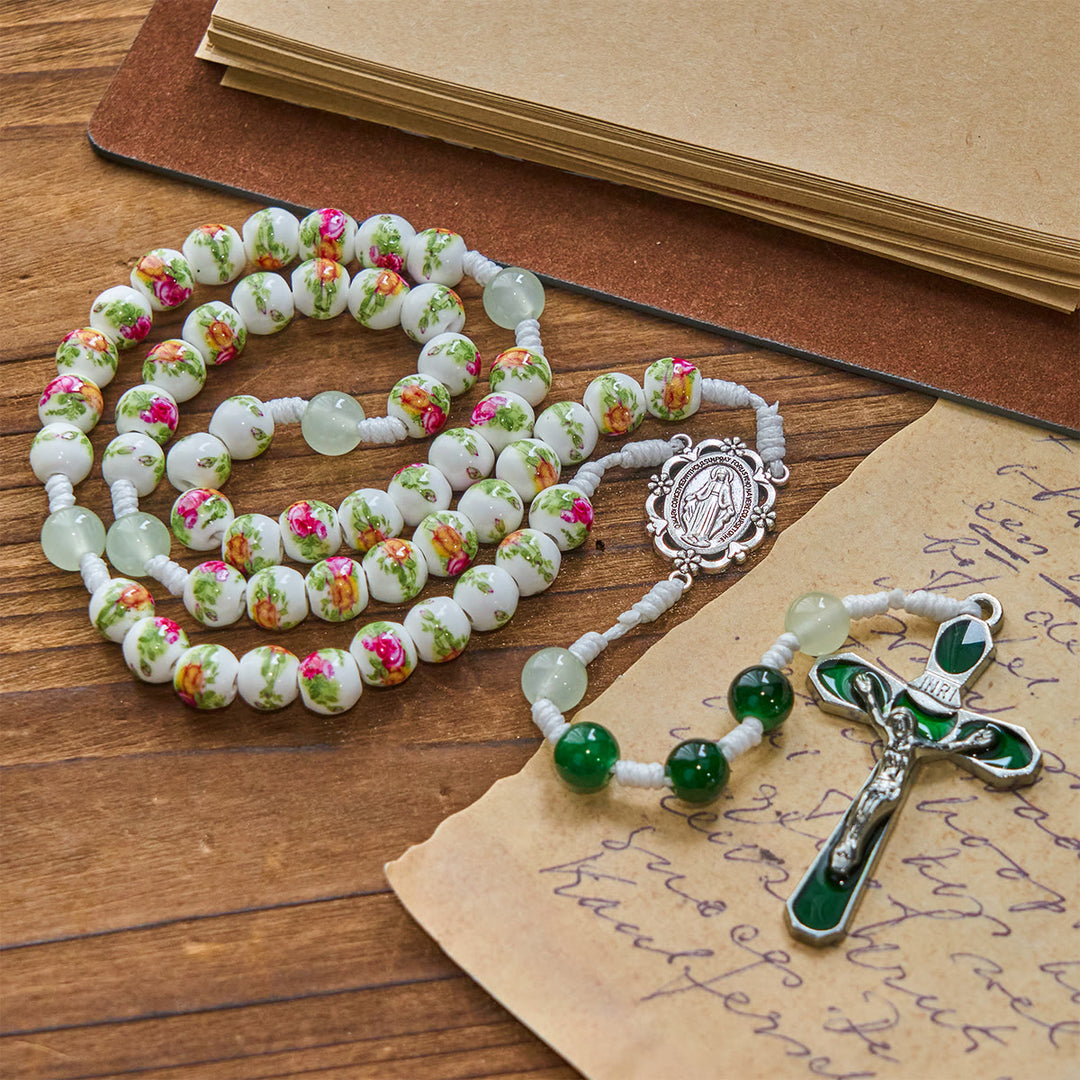 Christianartworkshop Handmade Floral Rose Beads Rosary with Miraculous Medal & Green Enamel Crucifix