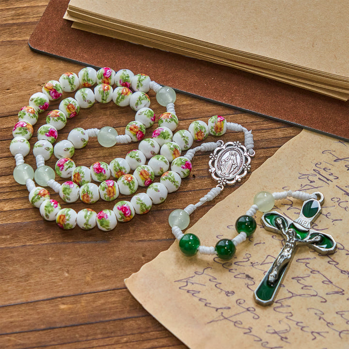 Christianartworkshop Handmade Floral Rose Beads Rosary with Miraculous Medal & Green Enamel Crucifix