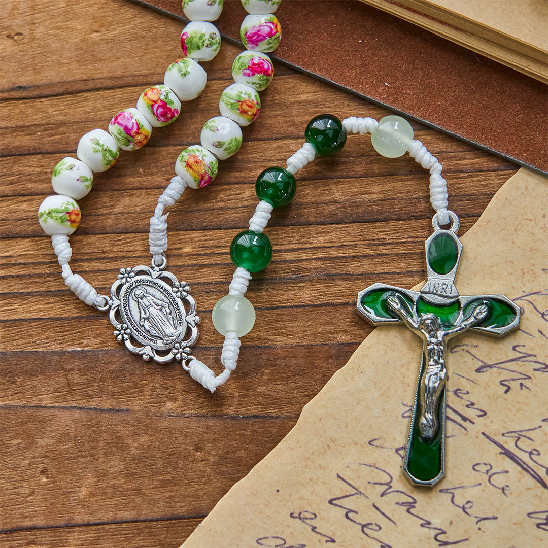Christianartworkshop Handmade Floral Rose Beads Rosary with Miraculous Medal & Green Enamel Crucifix