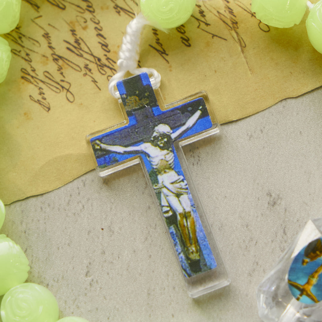 Christianartworkshop Glow-in-the-Dark Green Beads Rosary with Vibrant Holy Virgin Saint Pendant & Crucifix