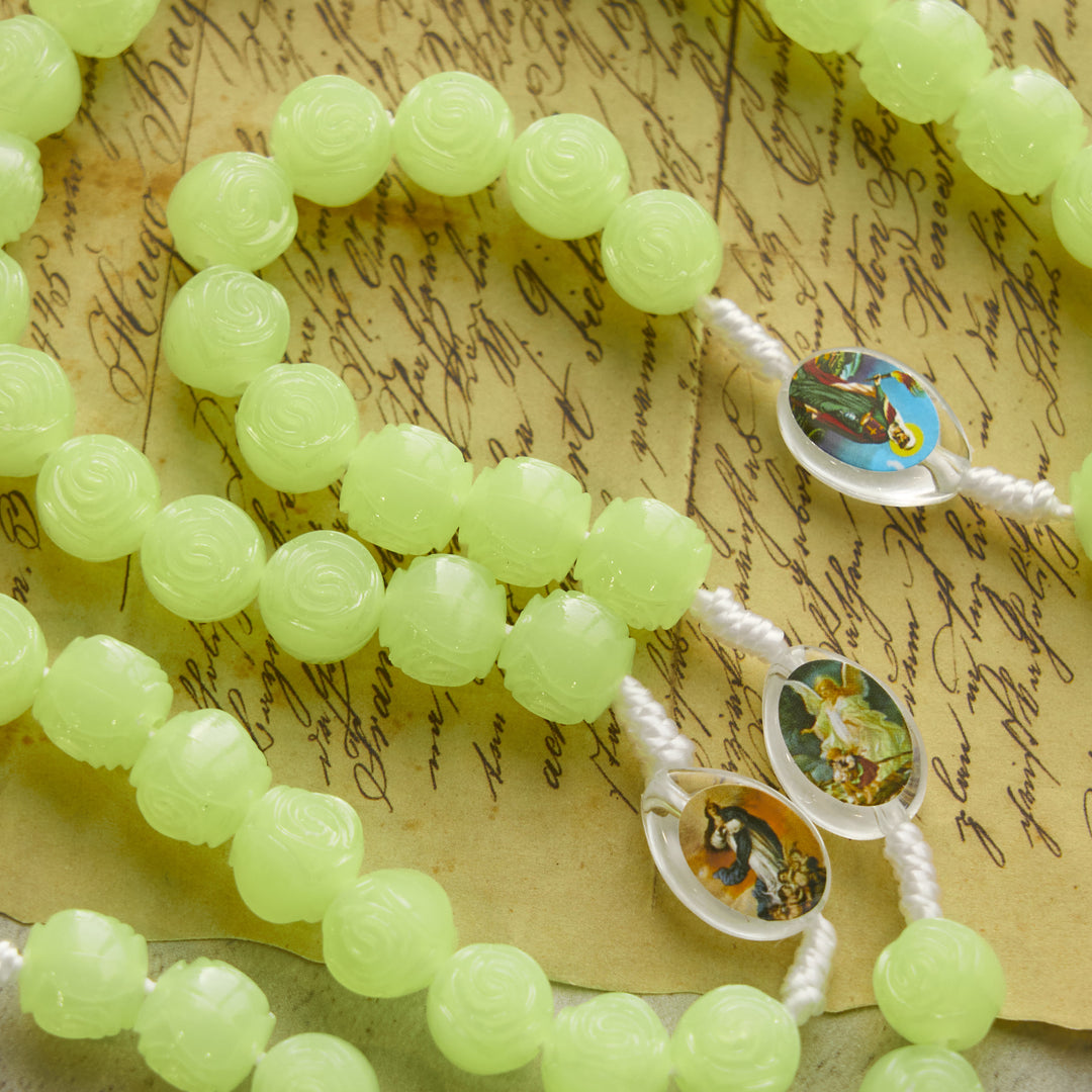 Christianartworkshop Glow-in-the-Dark Green Beads Rosary with Vibrant Holy Virgin Saint Pendant & Crucifix