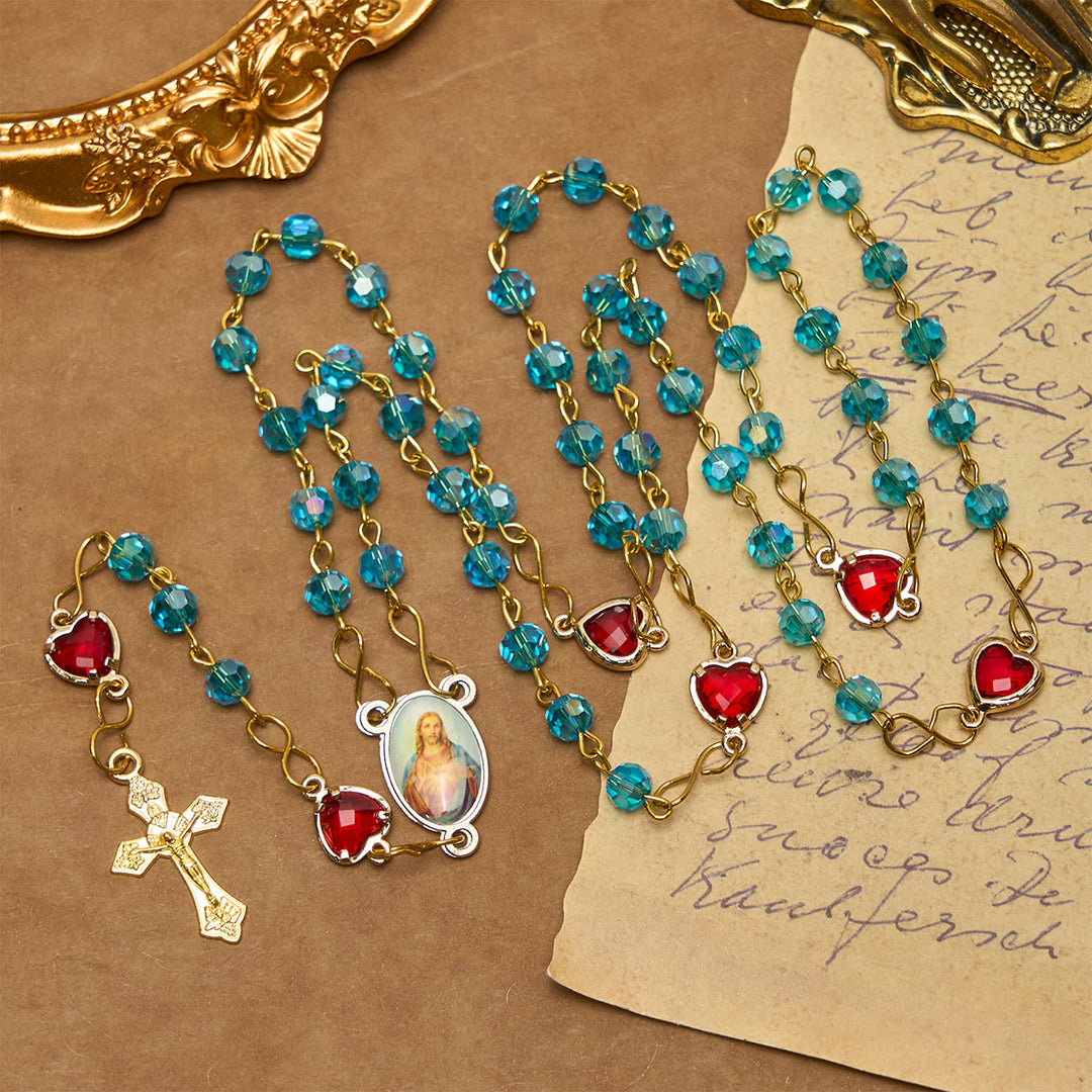 Christianartworkshop Sacred Heart of Jesus & Crucifix of 6 mm Polyhedron Blue Glass Alloy Chain Rosary