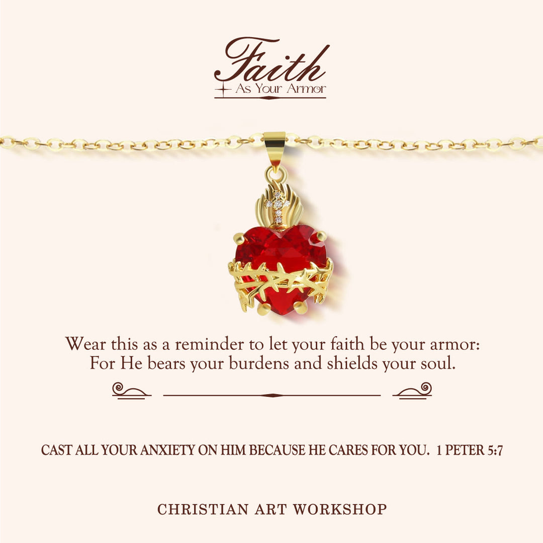 Christianartworkshop FAITH AS YOUR ARMOR: Red Gemstones Sacred Heart of Jesus Pendant Necklace - FAITH AS YOUR ARMOR - image 1