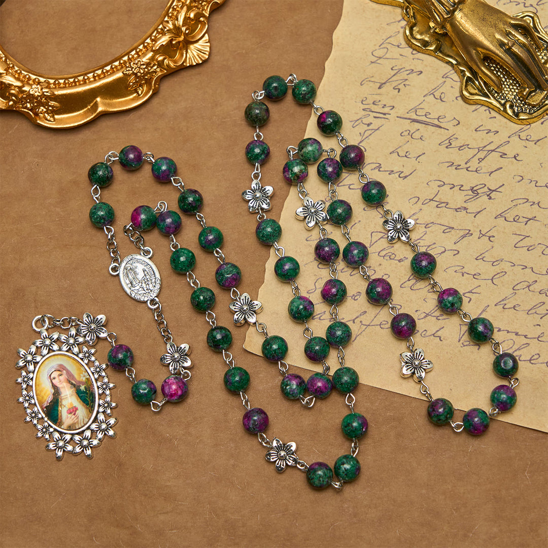 Christianartworkshop Exquisite Green Beads 7 Sorrows Rosary with Floral Charm and Miraculous Medal - Our Lady - image 1
