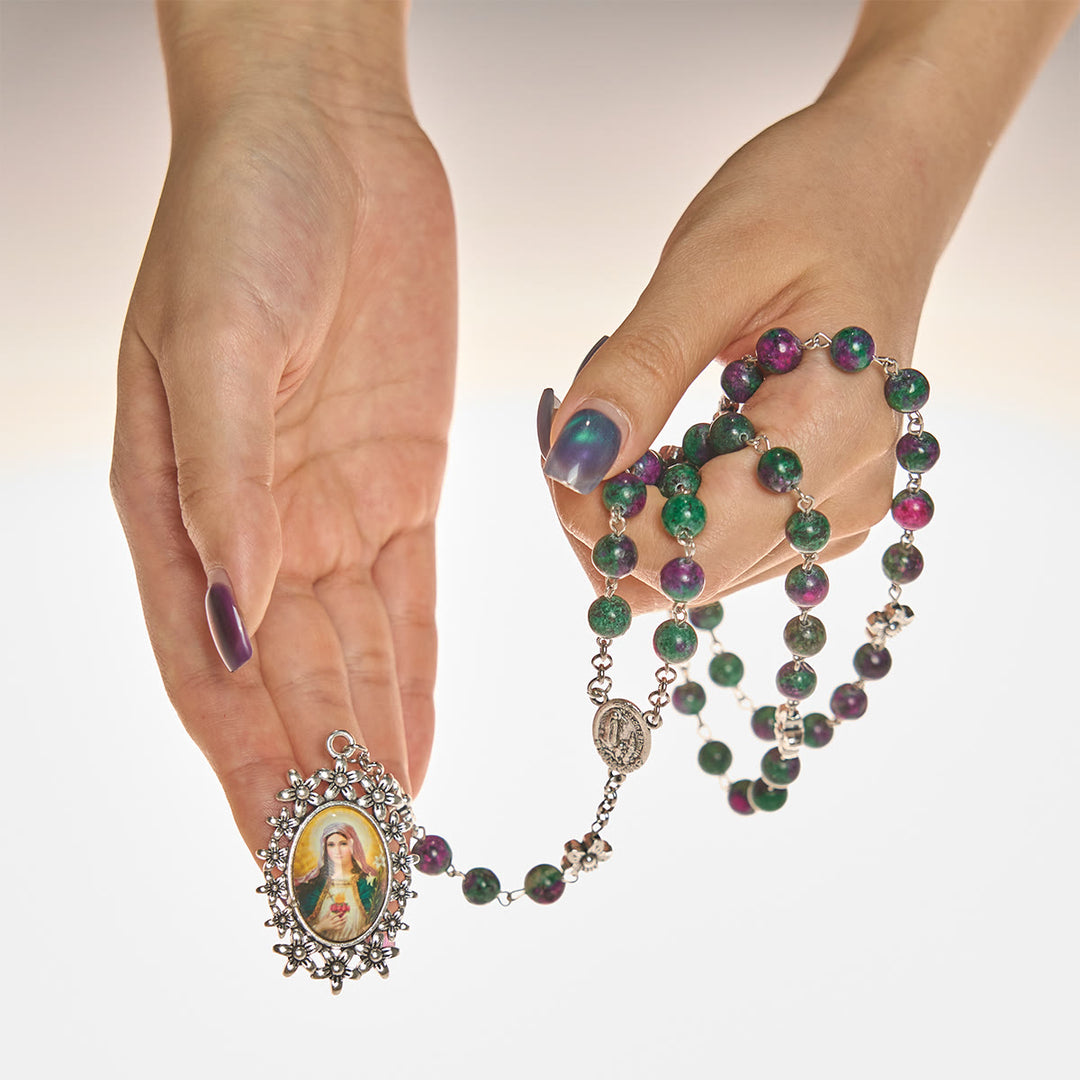 Christianartworkshop Exquisite Green Beads 7 Sorrows Rosary with Floral Charm and Miraculous Medal - image 8