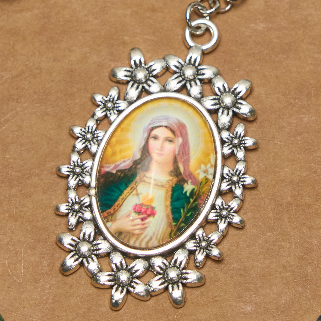 Christianartworkshop Exquisite Green Beads 7 Sorrows Rosary with Floral Charm and Miraculous Medal - image 5