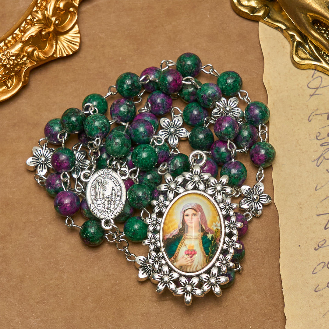 Christianartworkshop Exquisite Green Beads 7 Sorrows Rosary with Floral Charm and Miraculous Medal - image 7