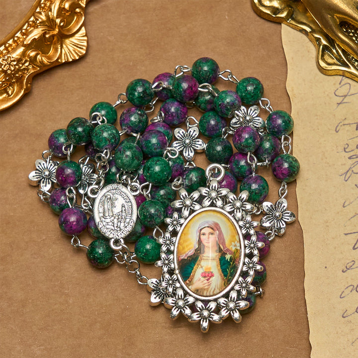 Christianartworkshop Exquisite Green Beads 7 Sorrows Rosary with Floral Charm and Miraculous Medal - image 7