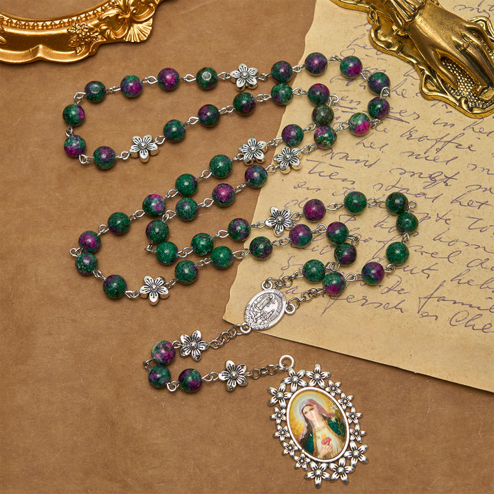 Christianartworkshop Exquisite Green Beads 7 Sorrows Rosary with Floral Charm and Miraculous Medal - image 2