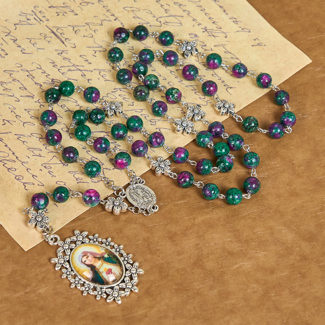 Christianartworkshop Exquisite Green Beads 7 Sorrows Rosary with Floral Charm and Miraculous Medal - image 4