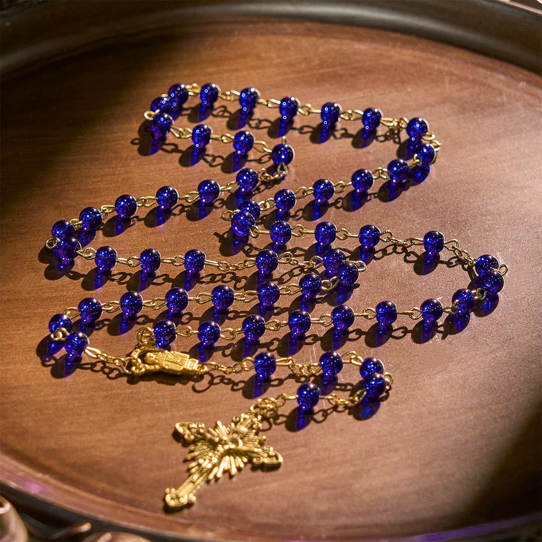 Christianartworkshop Deep Blue Glass Beads Rosary with Sacred Miraculous Medal and INRI Crucifix - image 2