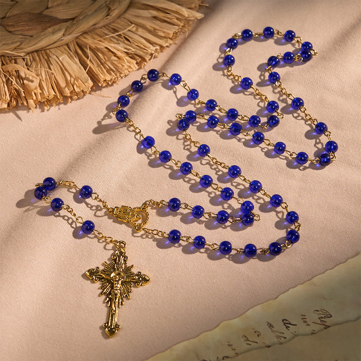 Christianartworkshop Deep Blue Glass Beads Rosary with Sacred Miraculous Medal and INRI Crucifix - Deep Blue - image 1