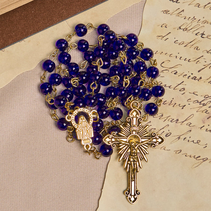 Christianartworkshop Deep Blue Glass Beads Rosary with Sacred Miraculous Medal and INRI Crucifix - image 8