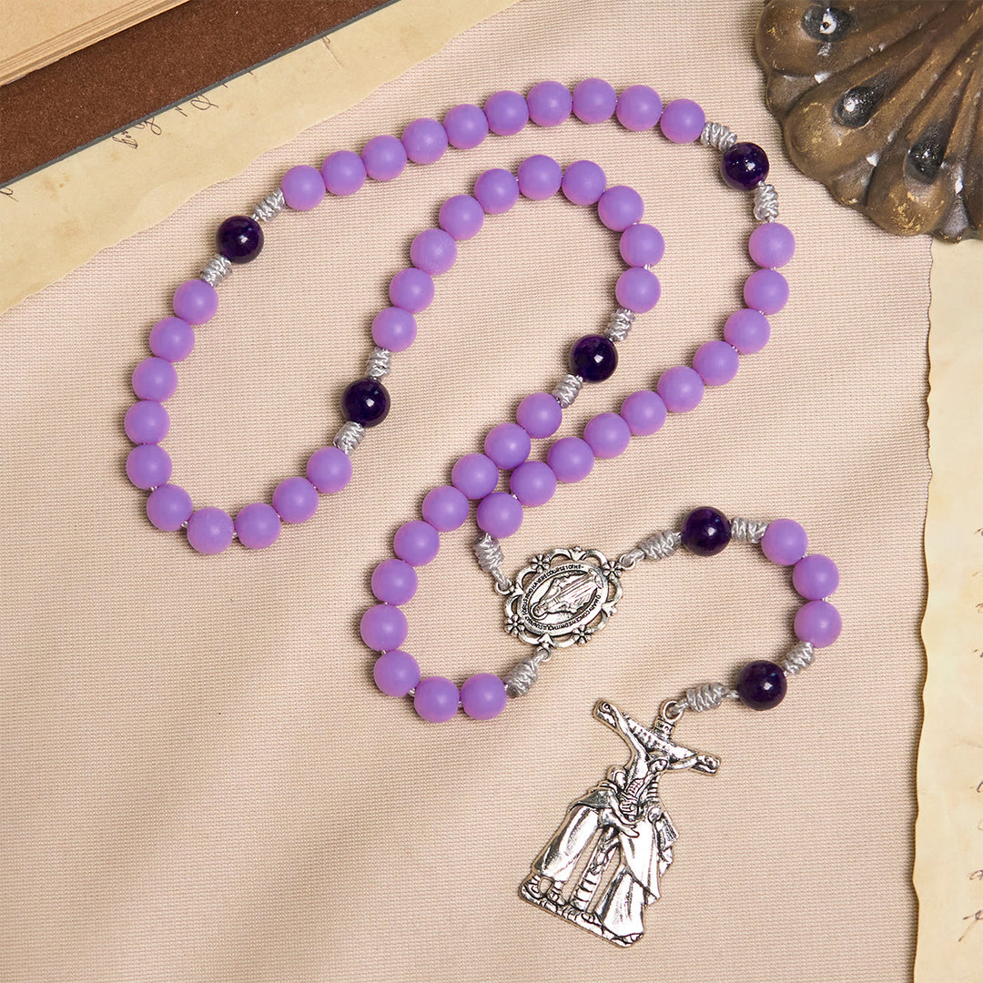 Christianartworkshop Lavender Matte Rosary Adorned with Crucifix Scene and Miraculous Medal