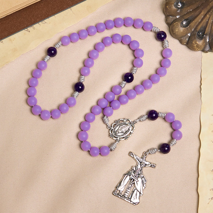 Christianartworkshop Lavender Matte Rosary Adorned with Crucifix Scene and Miraculous Medal