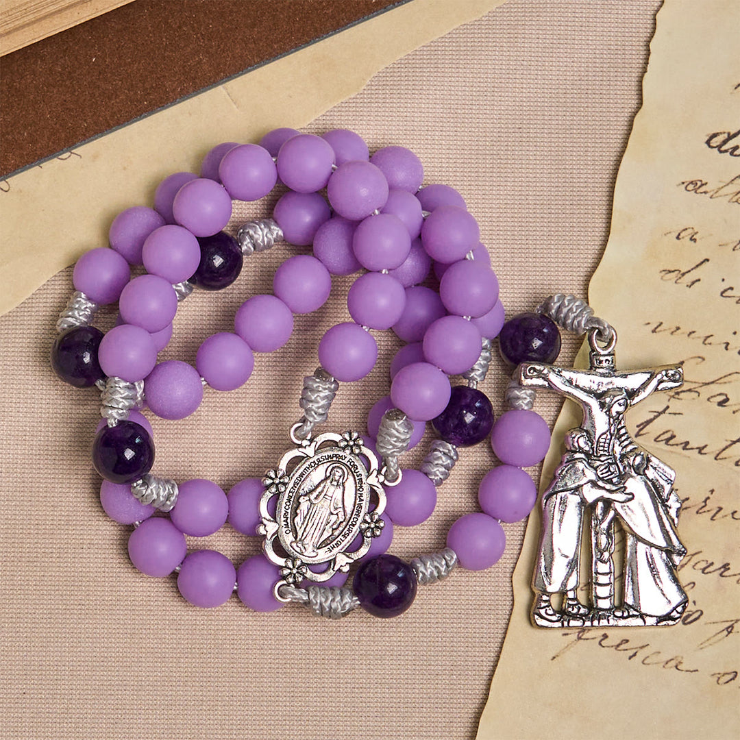 Christianartworkshop Lavender Matte Rosary Adorned with Crucifix Scene and Miraculous Medal