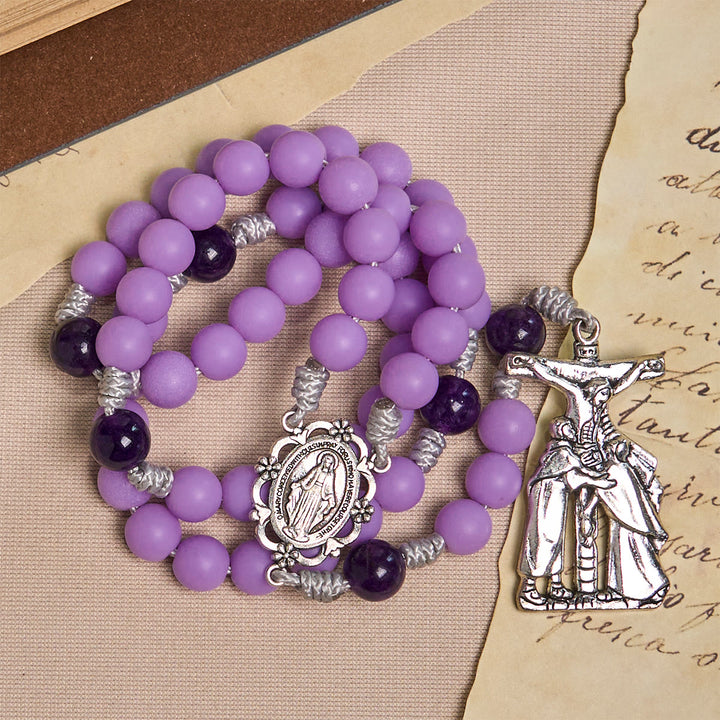 Christianartworkshop Lavender Matte Rosary Adorned with Crucifix Scene and Miraculous Medal