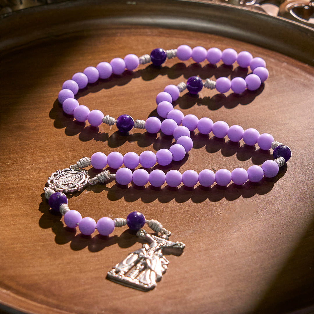 Christianartworkshop Lavender Matte Rosary Adorned with Crucifix Scene and Miraculous Medal