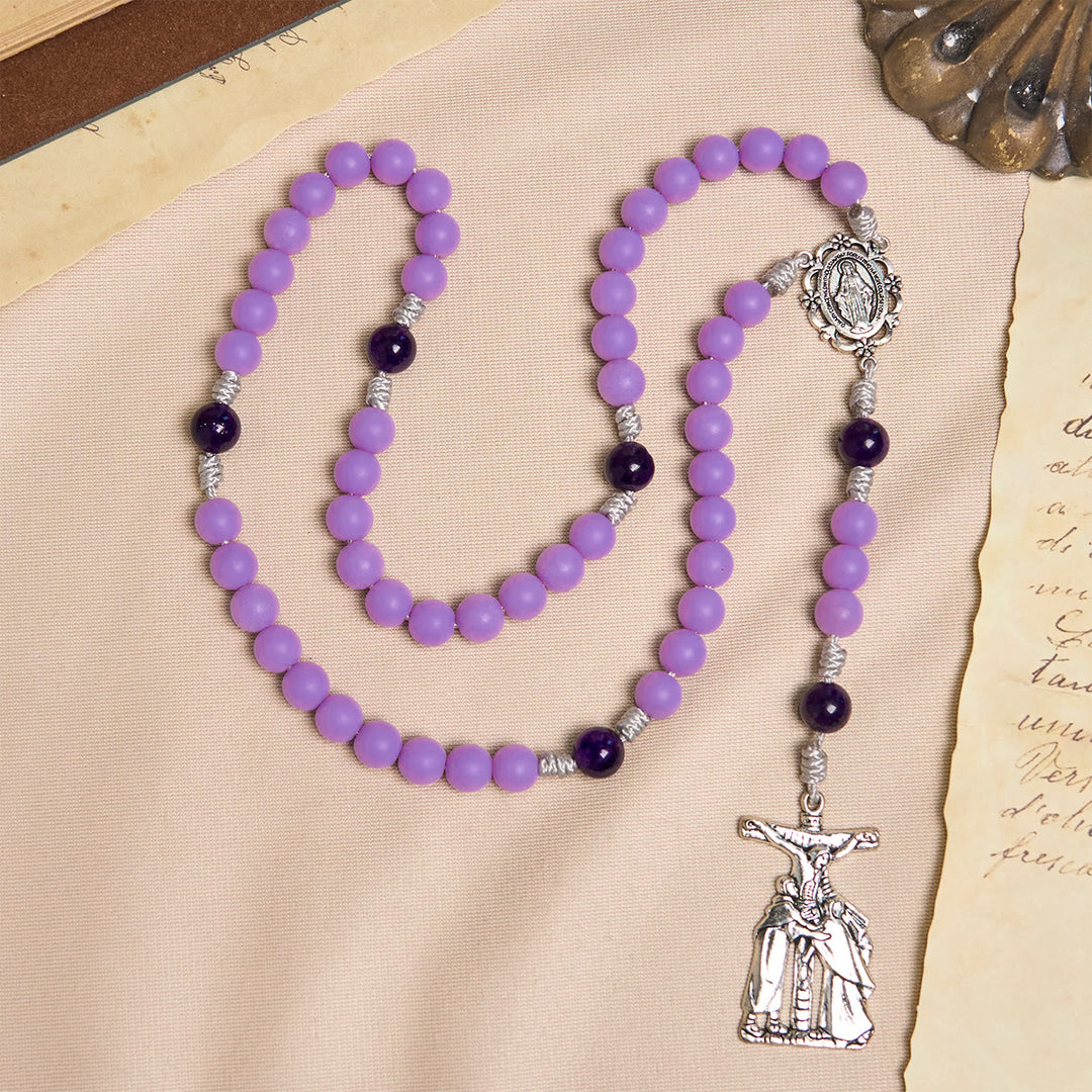 Christianartworkshop Lavender Matte Rosary Adorned with Crucifix Scene and Miraculous Medal