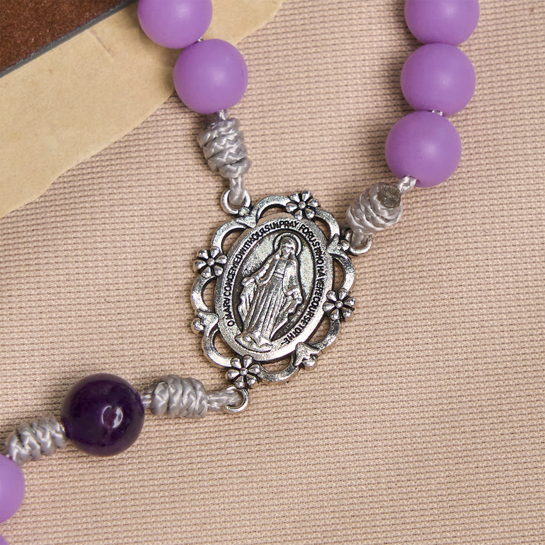 Christianartworkshop Lavender Matte Rosary Adorned with Crucifix Scene and Miraculous Medal