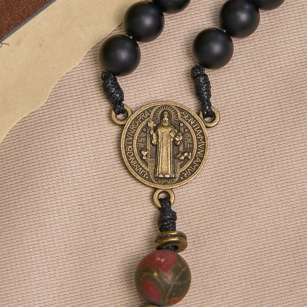 Christianartworkshop Handcrafted Matte Black and Earth-Tone Rosary Featuring St. Benedict