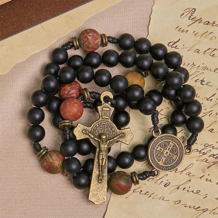 Christianartworkshop Handcrafted Matte Black and Earth-Tone Rosary Featuring St. Benedict
