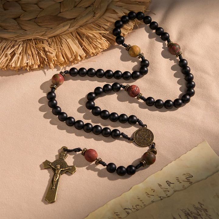 Christianartworkshop Handcrafted Matte Black and Earth-Tone Rosary Featuring St. Benedict
