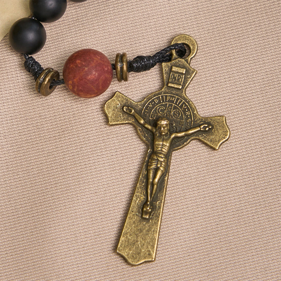 Christianartworkshop Handcrafted Matte Black and Earth-Tone Rosary Featuring St. Benedict