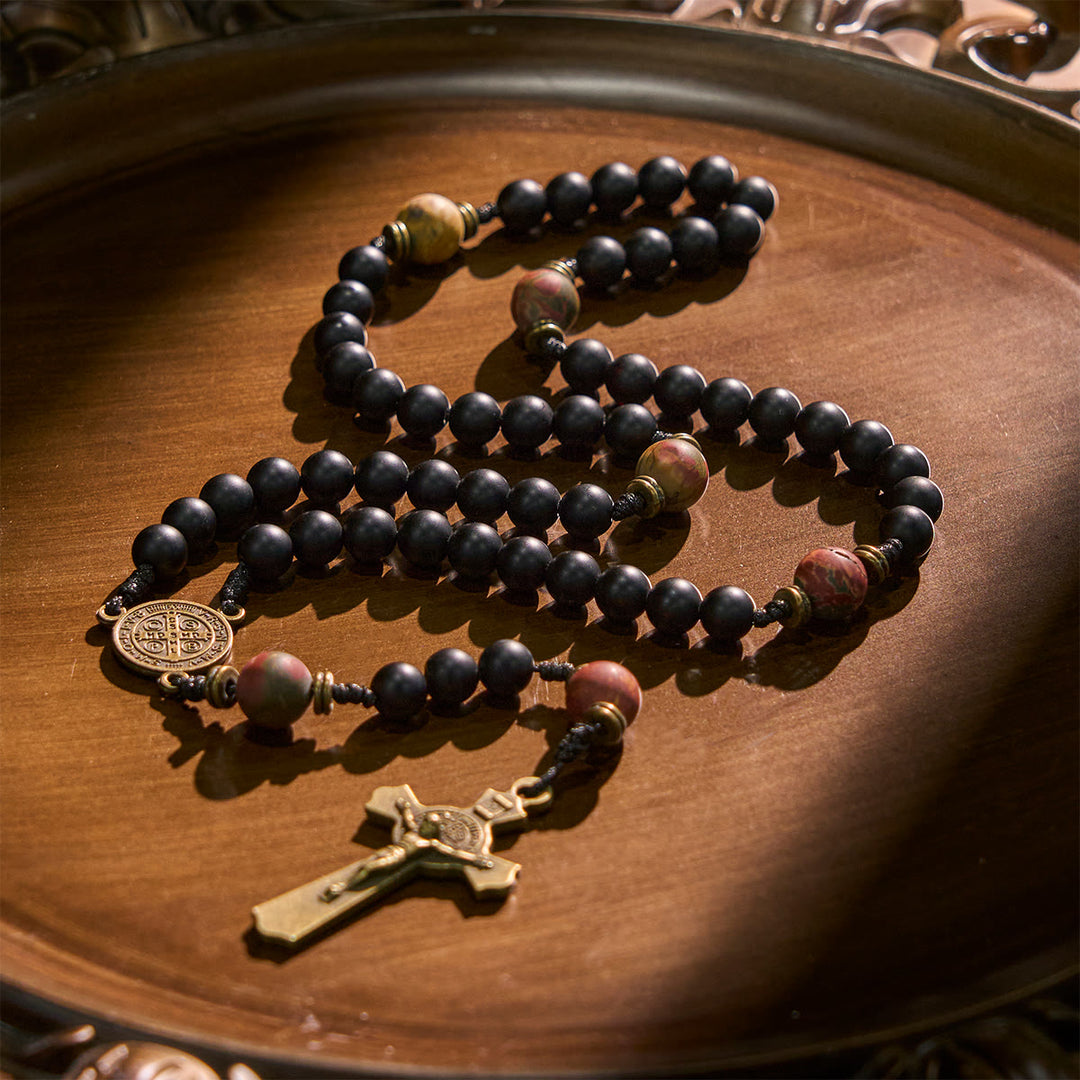 Christianartworkshop Handcrafted Matte Black and Earth-Tone Rosary Featuring St. Benedict