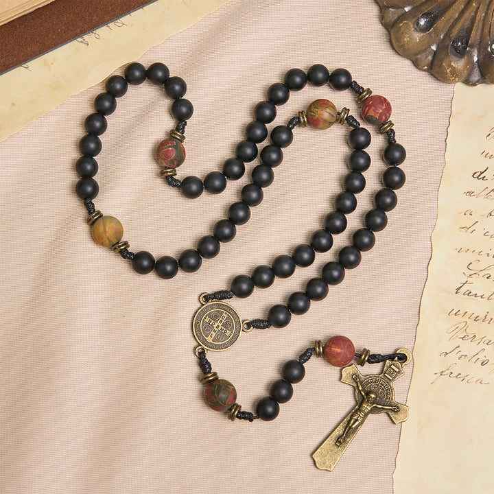 Christianartworkshop Handcrafted Matte Black and Earth-Tone Rosary Featuring St. Benedict