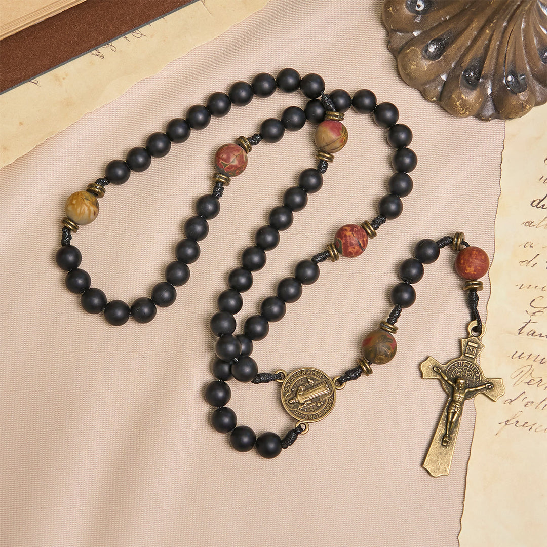 Christianartworkshop Handcrafted Matte Black and Earth-Tone Rosary Featuring St. Benedict