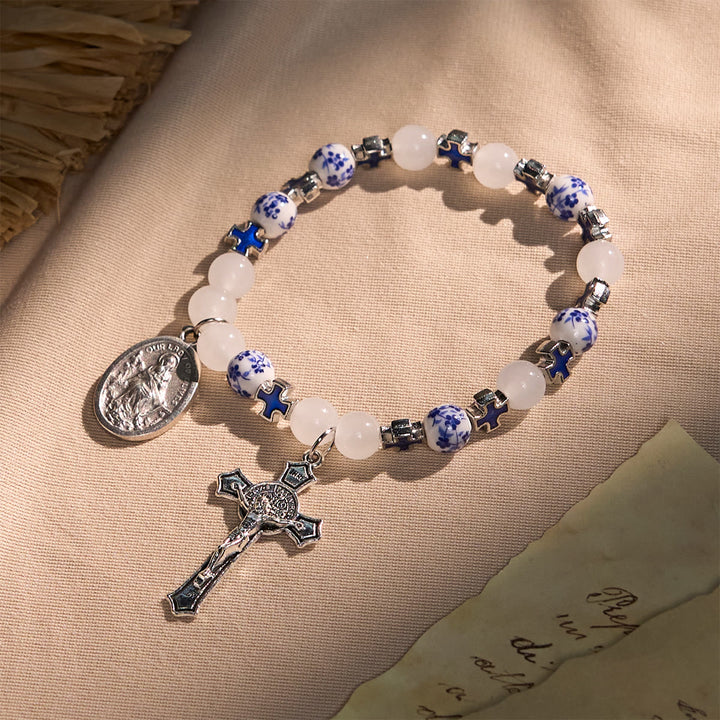 Christianartworkshop Elegant White and Blue Floral Bracelets Adorned by Miraculous Medal & Blue Cross - Wrist Circumference: 6.3''-7.5''/16-19cm - image 0