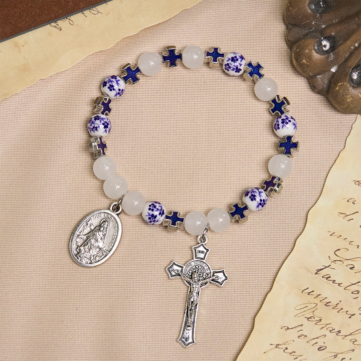 Christianartworkshop Elegant White and Blue Floral Bracelets Adorned by Miraculous Medal & Blue Cross - image 3