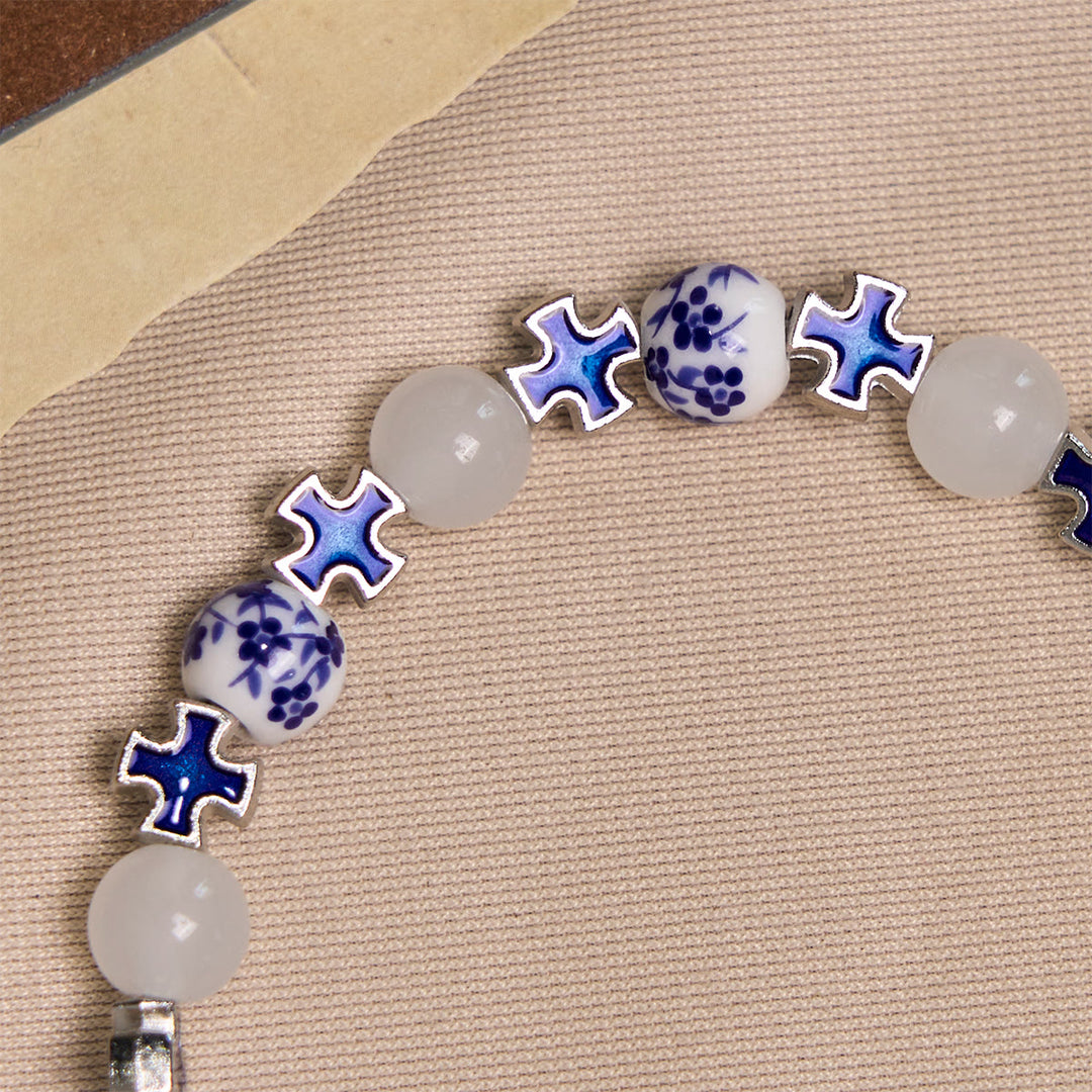 Christianartworkshop Elegant White and Blue Floral Bracelets Adorned by Miraculous Medal & Blue Cross - image 5