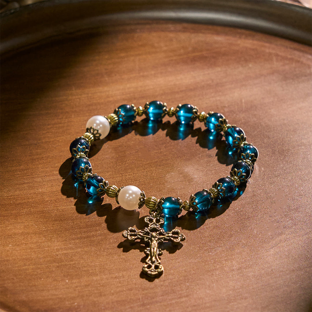 Christianartworkshop Spiritual Blue Gloss Bead Bracelets Featuring Sacred Brass Crucifix - image 3