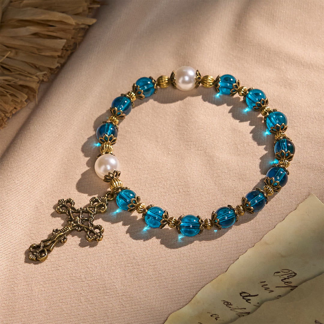 Christianartworkshop Spiritual Blue Gloss Bead Bracelets Featuring Sacred Brass Crucifix - Blue - image 1