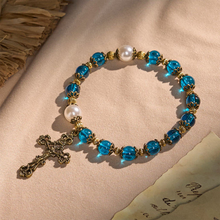 Christianartworkshop Spiritual Blue Gloss Bead Bracelets Featuring Sacred Brass Crucifix - Blue - image 1