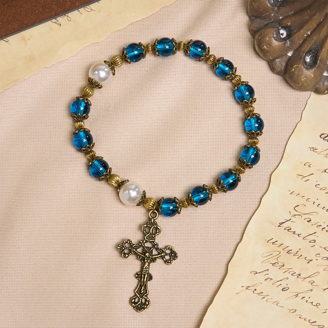 Christianartworkshop Spiritual Blue Gloss Bead Bracelets Featuring Sacred Brass Crucifix - image 4