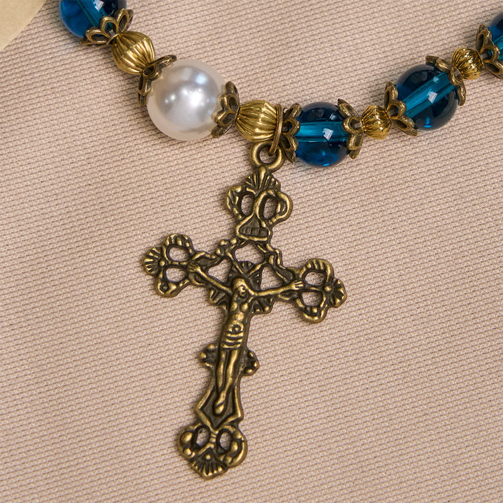 Christianartworkshop Spiritual Blue Gloss Bead Bracelets Featuring Sacred Brass Crucifix - image 5