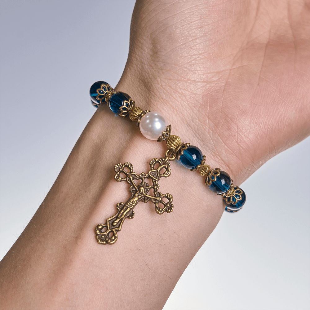 Christianartworkshop Spiritual Blue Gloss Bead Bracelets Featuring Sacred Brass Crucifix - image 2