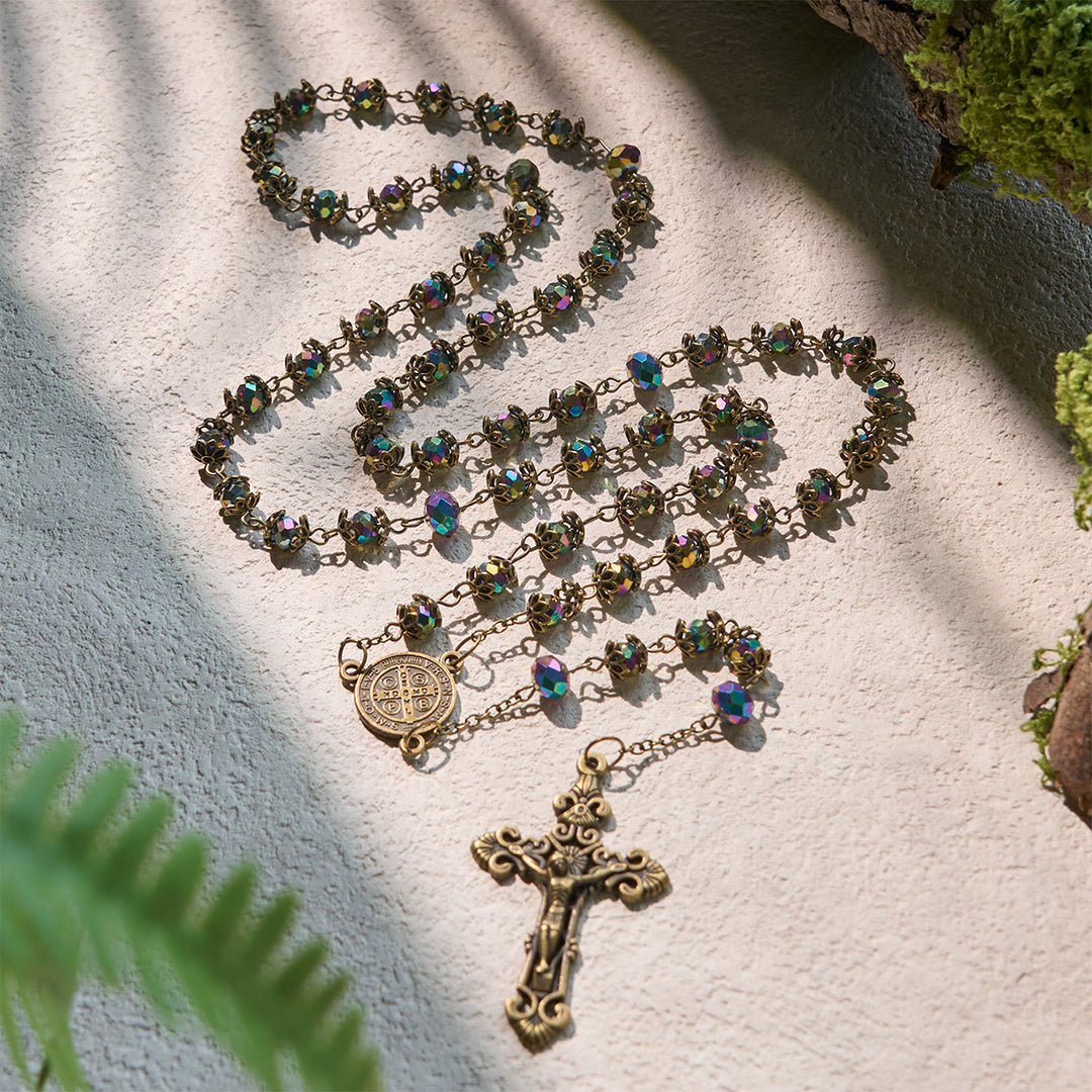 Christianartworkshop Faithful Hematite Rosary Featuring Bronze Crucifix and Saint Benedict Charm - Crucifix & St. Benedict - image 1