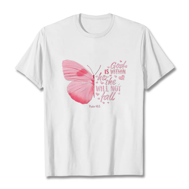 Christianartworkshop God Is Within Her She Will Not Fall with Butterfly Unisex T-shirt - White - 2XL - image 1