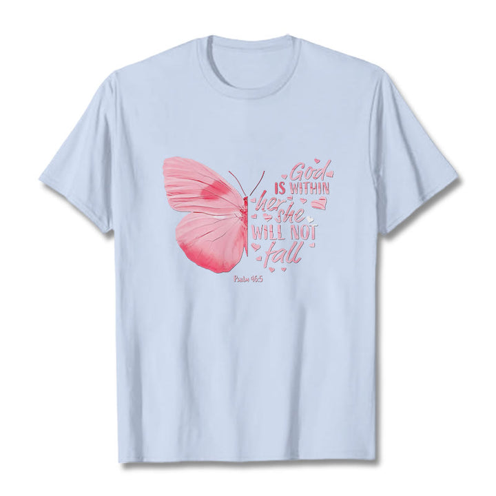 Christianartworkshop God Is Within Her She Will Not Fall with Butterfly Unisex T-shirt - Light Blue - 2XL - image 11