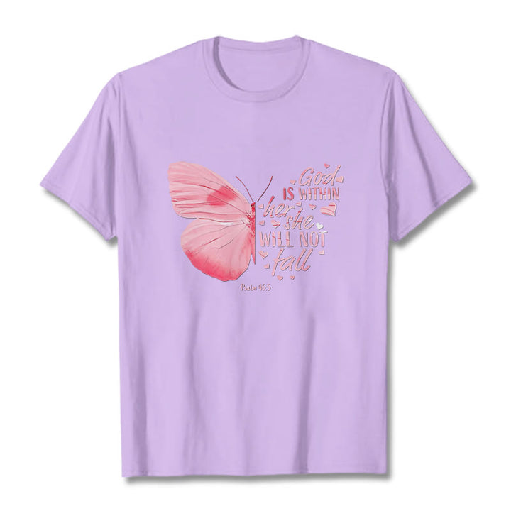 Christianartworkshop God Is Within Her She Will Not Fall with Butterfly Unisex T-shirt - Light Purple - 2XL - image 9
