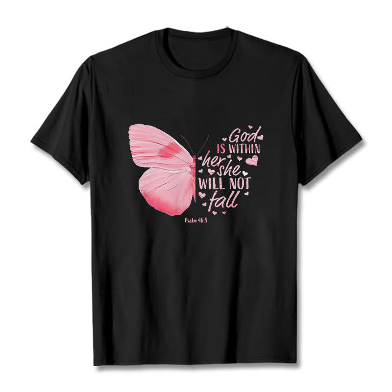 Christianartworkshop God Is Within Her She Will Not Fall with Butterfly Unisex T-shirt - Black - 2XL - image 4