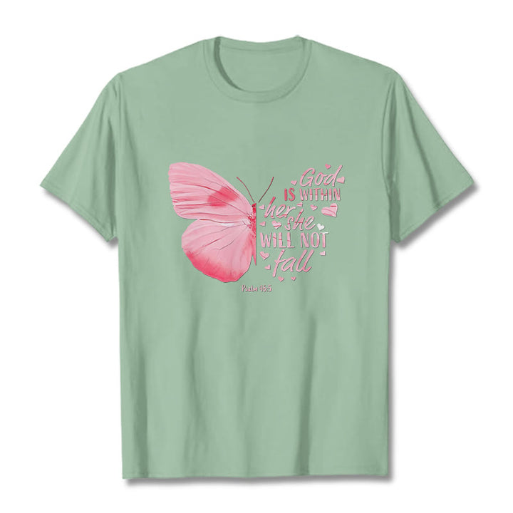 Christianartworkshop God Is Within Her She Will Not Fall with Butterfly Unisex T-shirt - Light Green - 2XL - image 13